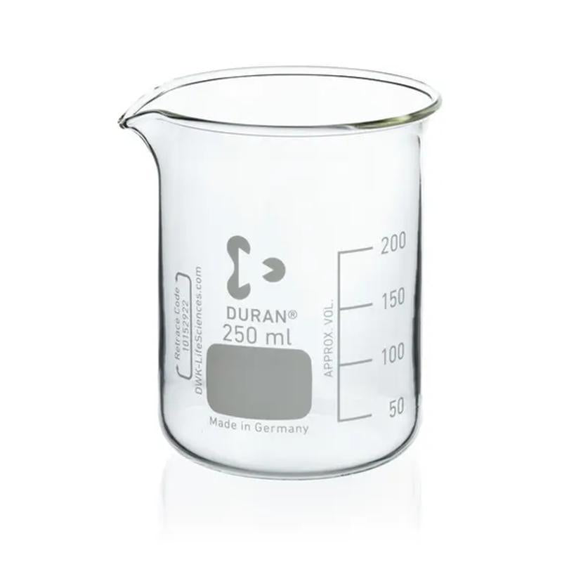 Beaker, low form, Boro 3.3
250 ml, with graduation and spout
dia. 70 mm, h.
