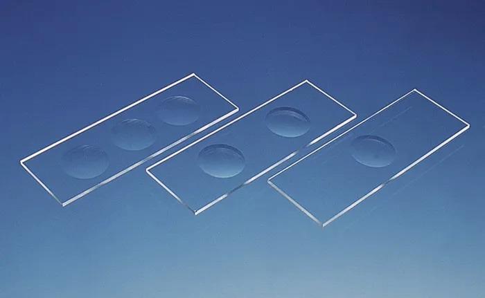 Cavity slide w.concav. thick. 1,2-1,5 mm
76x26 mm ground edges with 2 concaviti