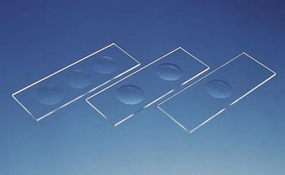 Cavity slide w.concav. thick. 1,2-1,5 mm
76x26 mm ground edges with 2 concaviti
