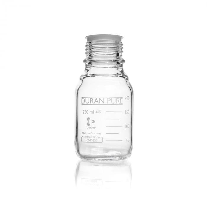 DURAN PURE bottle, clear, graduated, GL 45, with dust cover, without cap and po