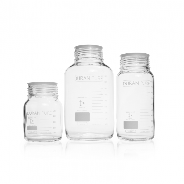 DURAN PURE bottle, clear, graduated, GLS 80, with dust cover, without cap and p