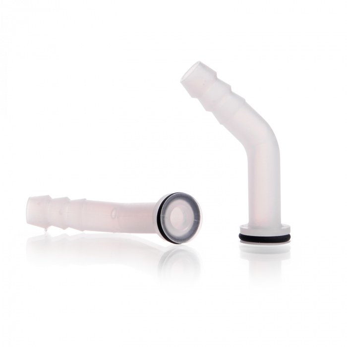 Plastic hose connection with silicone rubber seals, bent, GL 18