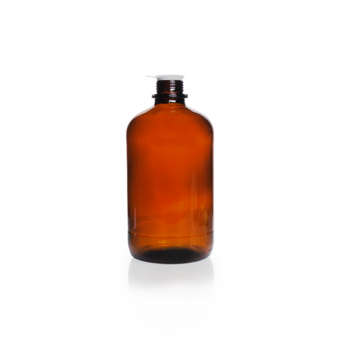 Round bottle, narrow neck, amber, soda-lime-glass, pouring ring and dust cap, 2