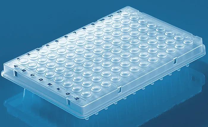 96-well PCR plate, thin-walled
half skirt, elev.wells, 50 pcs.
PP, colorless,
