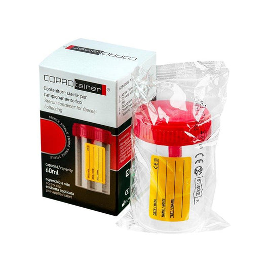 Coprotainer ® faeces container 60 ml in PP with red screw cap, individually wrap