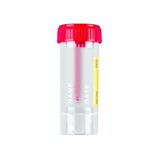 Coprotainer ® Urine container 30 ml in PP with red screw cap, with paper label,
