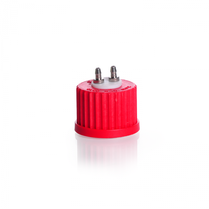DURAN Connection Cap System GL 25 with red PBT screw-cap, PTFE inert with 2-por