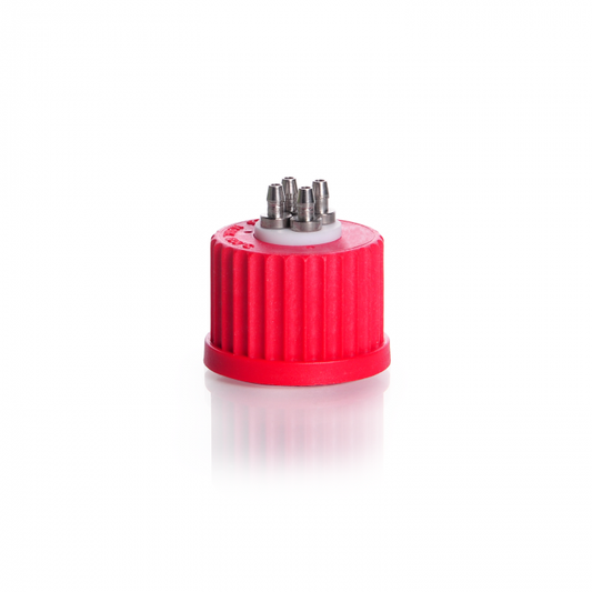 DURAN Connection Cap System GL 25 with red PBT screw-cap, PTFE inert with 4-por
