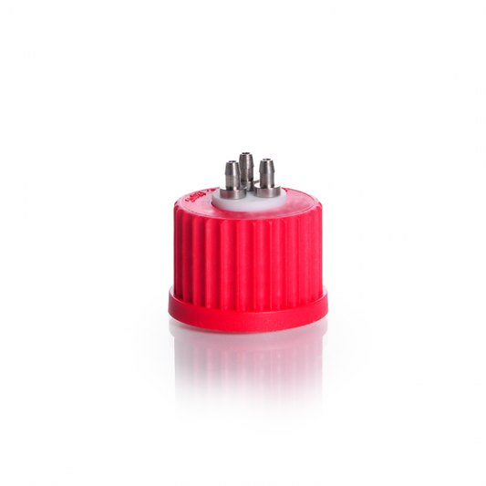 DURAN Connection Cap System GL 25 with red PBT screw-cap, PTFE inert with 3-por