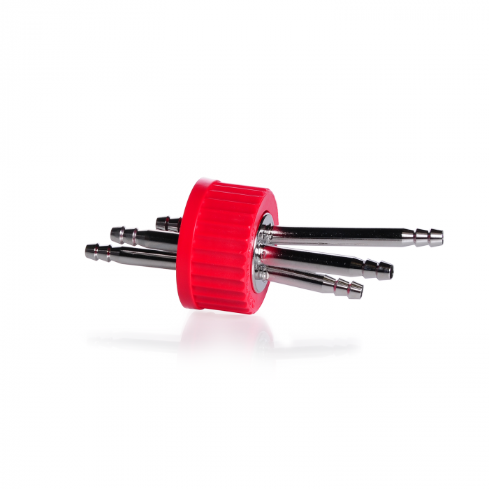 DURAN Connection Cap System GL 45 with red PBT screw-cap, with 3-ports (stainle