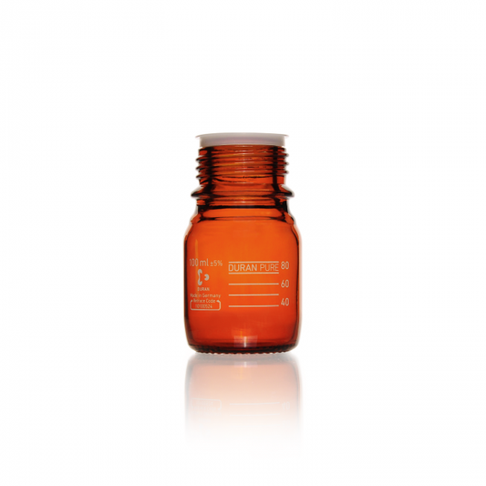 DURAN PURE bottle, amber, graduated, GL 45, with dust cover, without cap and po
