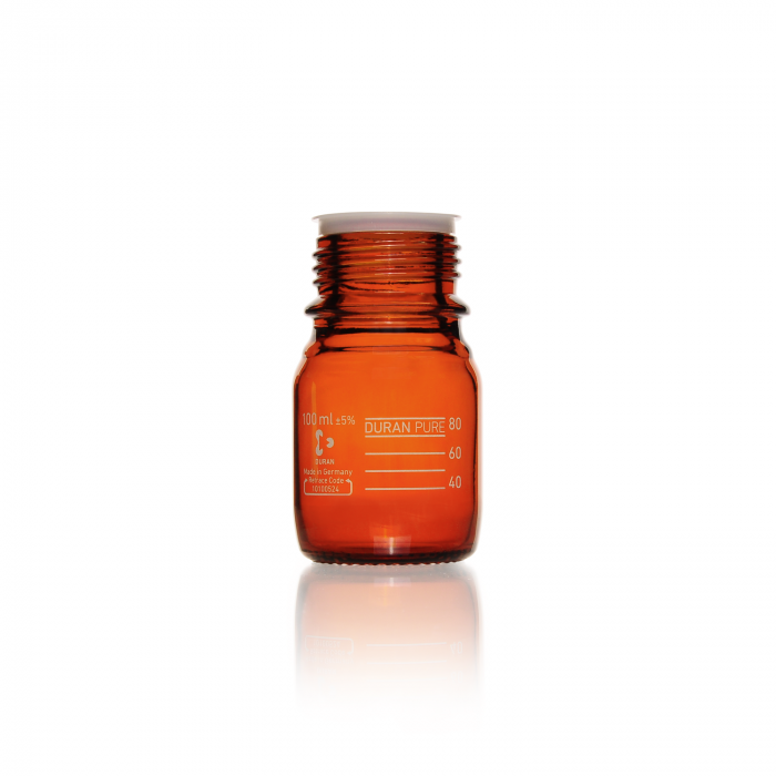DURAN PURE bottle, amber, graduated, GL 45, with dust cover, without cap and po