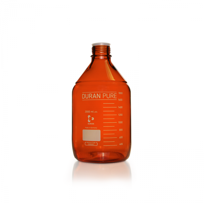 DURAN PURE bottle, amber, graduated, GL 45, with dust cover, without cap and po
