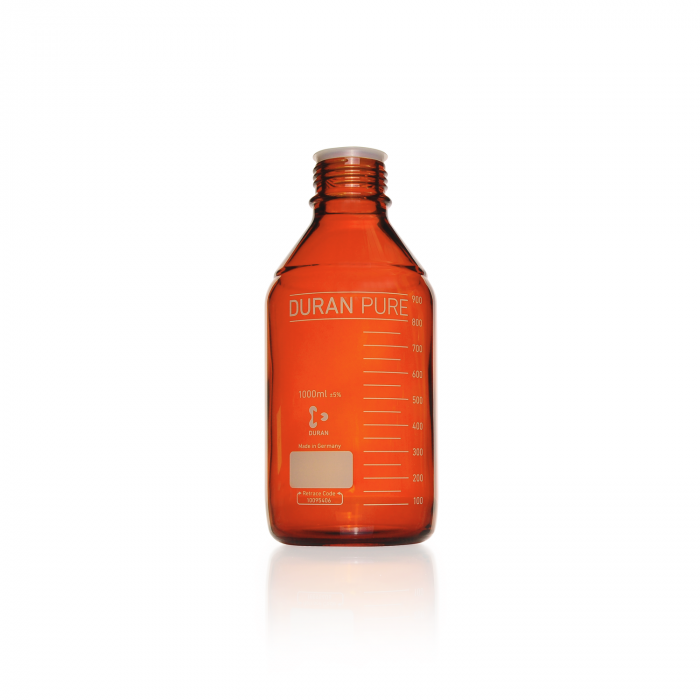 DURAN PURE bottle, amber, graduated, GL 45, with dust cover, without cap and po