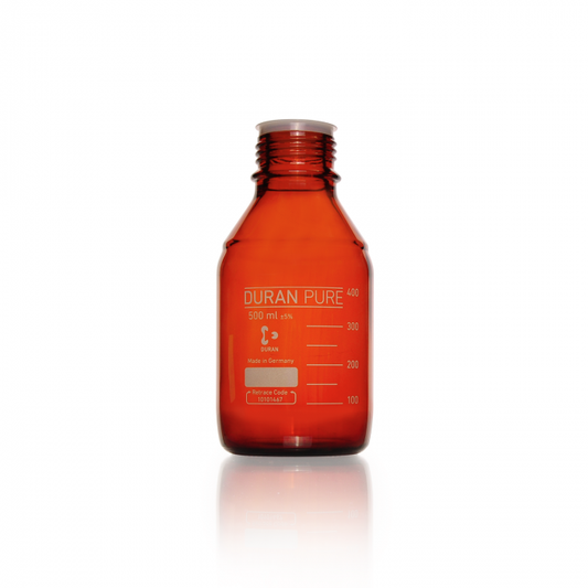 DURAN PURE bottle, amber, graduated, GL 45, with dust cover, without cap and po