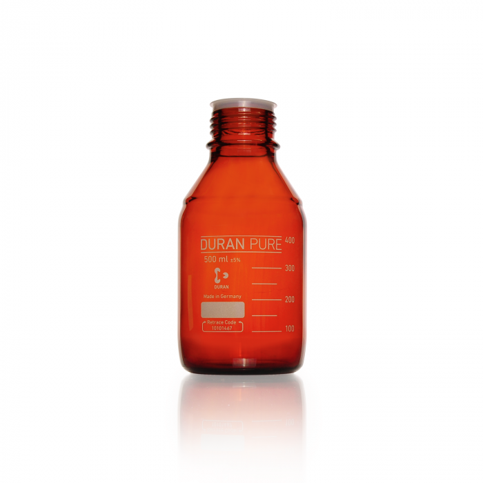 DURAN PURE bottle, amber, graduated, GL 45, with dust cover, without cap and po