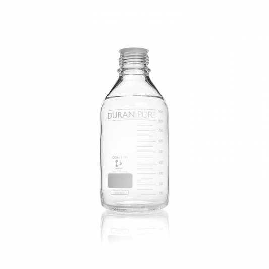 DURAN PURE bottle, clear, graduated, GL 45, with dust cover, without cap and po