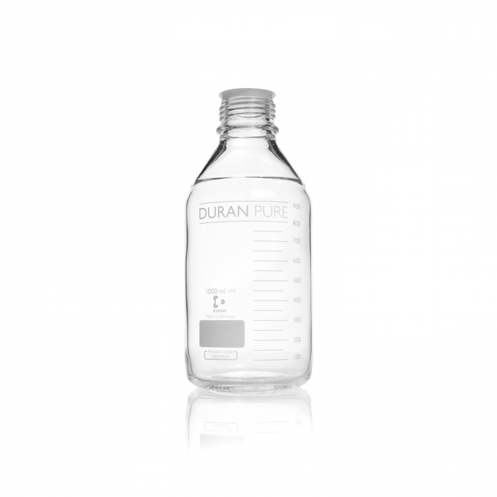 DURAN PURE bottle, clear, graduated, GL 45, with dust cover, without cap and po