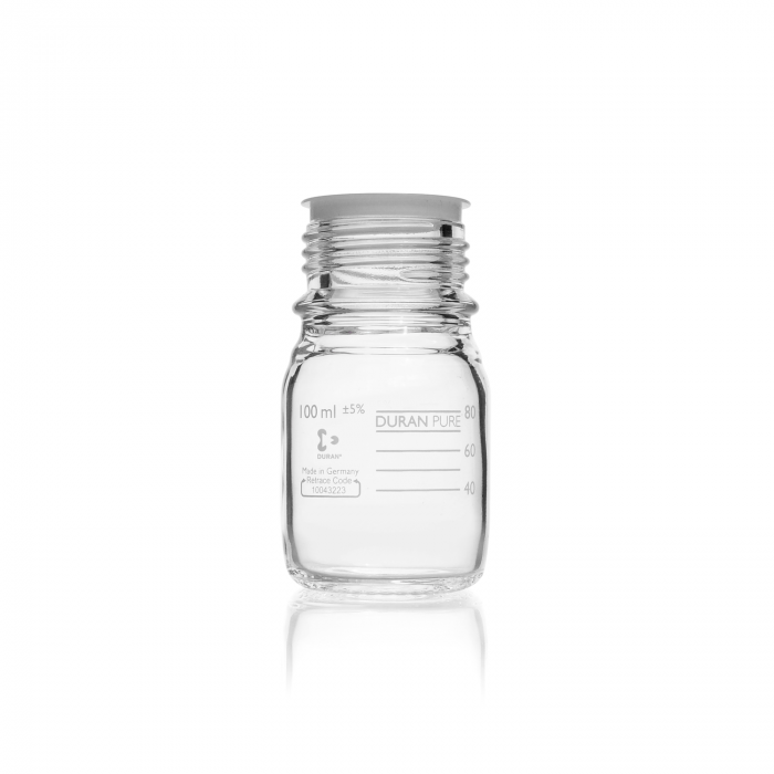 DURAN PURE bottle, clear, graduated, GL 45, with dust cover, without cap and po