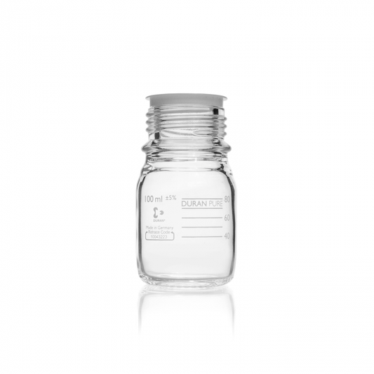 DURAN PURE bottle, clear, graduated, GL 45, with dust cover, without cap and po