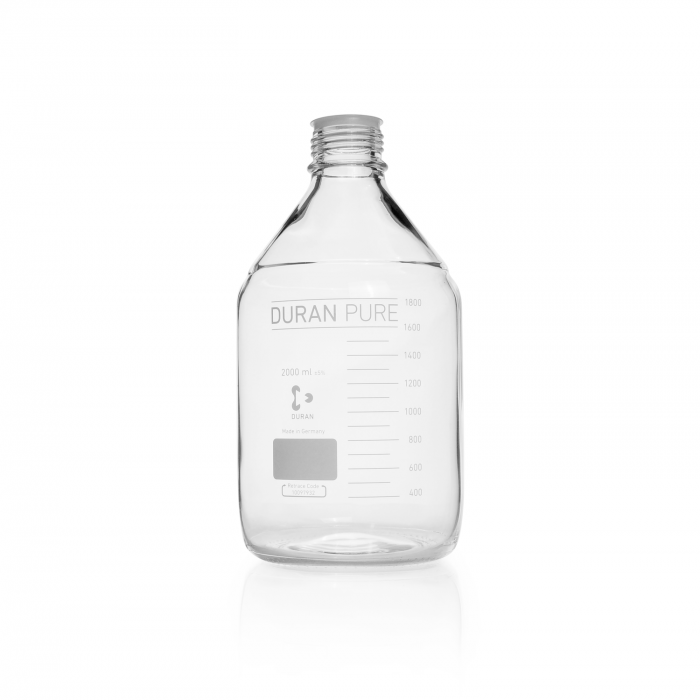 DURAN PURE bottle, clear, graduated, GL 45, with dust cover, without cap and po