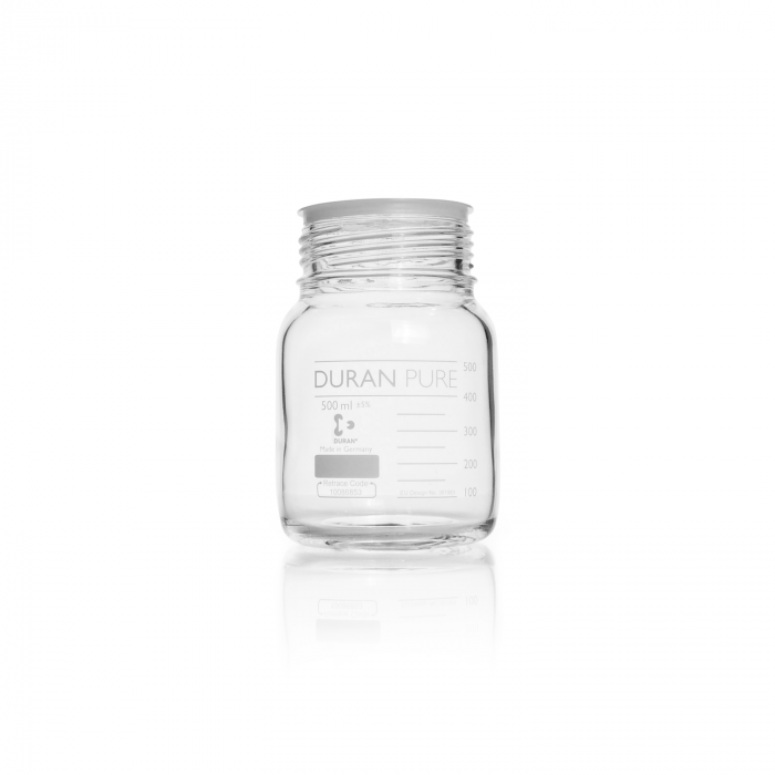 DURAN PURE bottle, clear, graduated, GLS 80, with dust cover, without cap and p