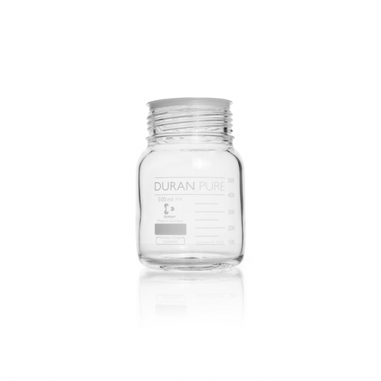 DURAN PURE bottle, clear, graduated, GLS 80, with dust cover, without cap and p