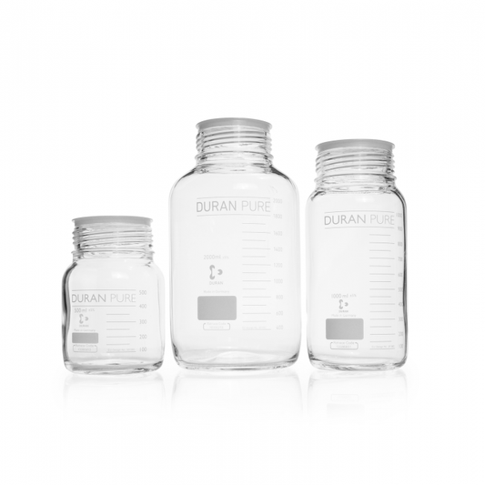 DURAN PURE bottle, clear, graduated, GLS 80, with dust cover, without cap and p