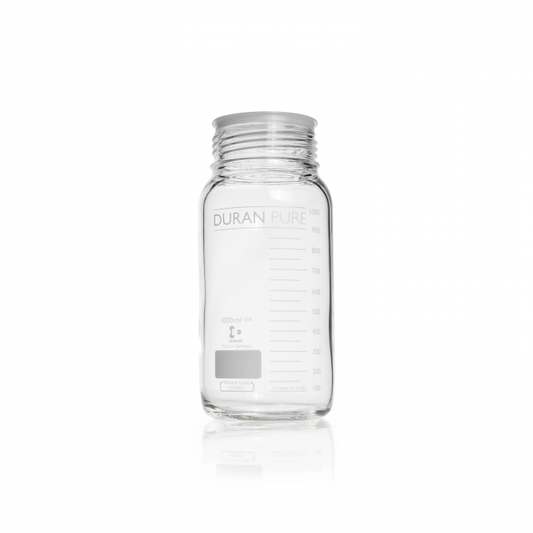 DURAN PURE bottle, clear, graduated, GLS 80, with dust cover, without cap and p