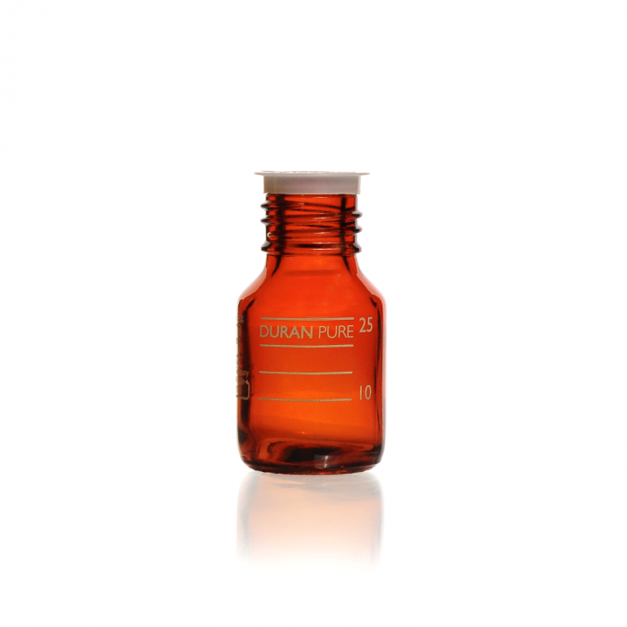 DURAN PURE bottle Gl 25, amber, graduated, with dust cover, without cap and pou