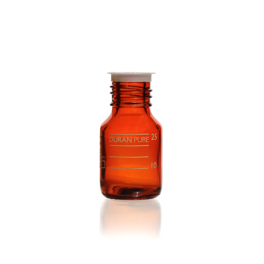 DURAN PURE bottle Gl 25, amber, graduated, with dust cover, without cap and pou