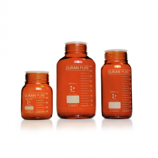 DURAN PURE bottle, GLS 80, amber, graduated, with dust cover, without cap and p