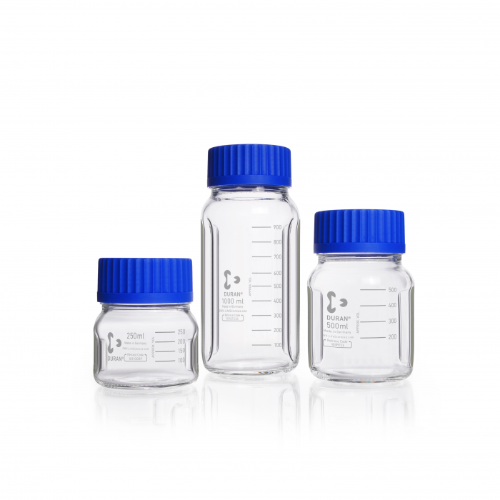 DURAN® baffled wide mouth bottle GLS 80®, 1000 ml, clear glass, supplied comple