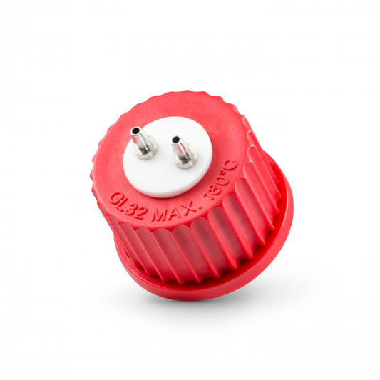 DURAN® Connection Cap System GL 32 with red PBT screw cap, PTFE inert with 2-po