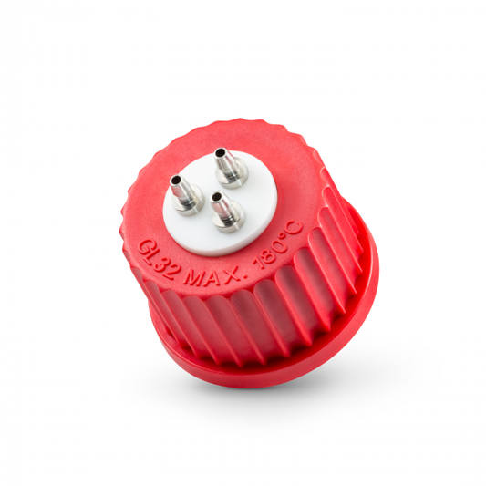 DURAN® Connection Cap System GL 32 with red PBT screw cap, PTFE inert with 3-po