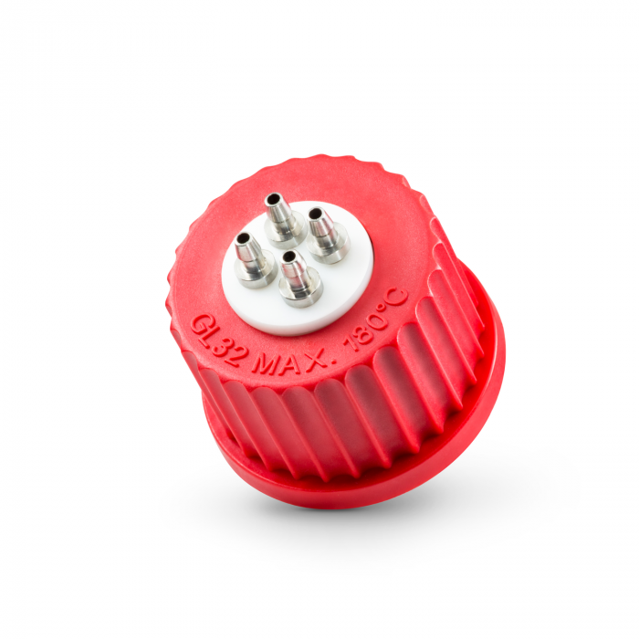 DURAN® Connection Cap System GL 32 with red PBT screw cap, PTFE inert with 4-po