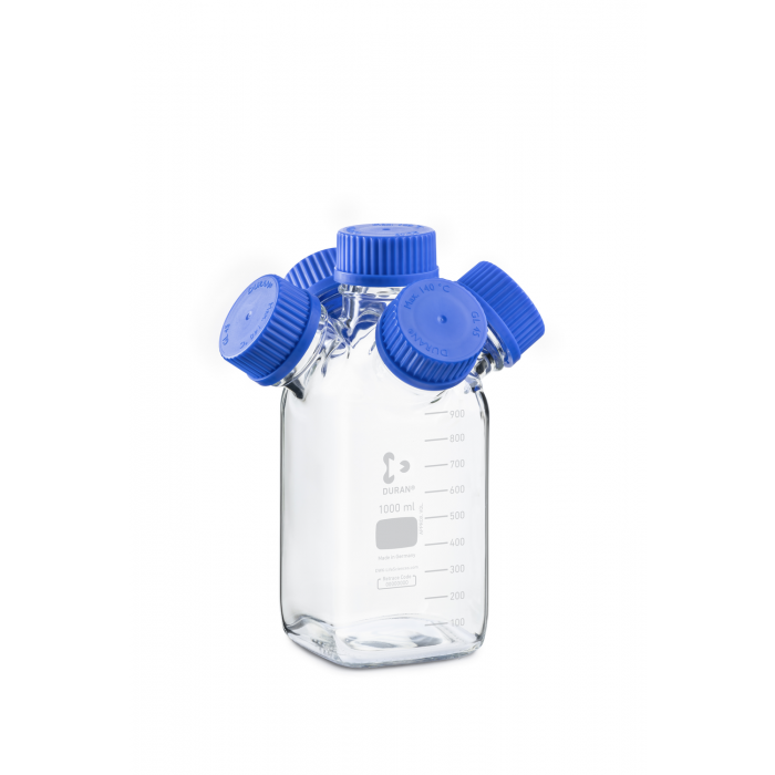 DURAN® GL 45 Hydra Square Bottle, Clear, 1000ml, with 4 GL 45 Side Necks