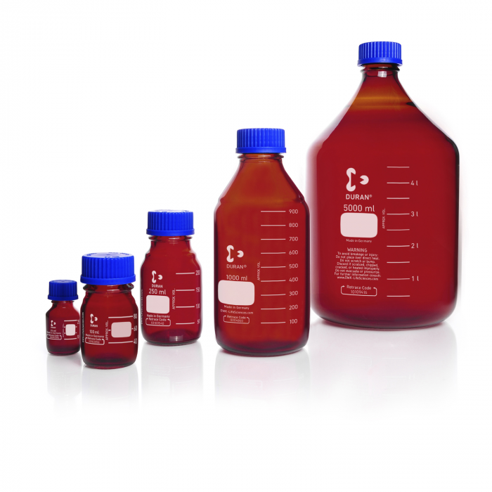 DURAN® GL 45 Laboratory glass bottle, amber, with screw cap and pouring ring (P