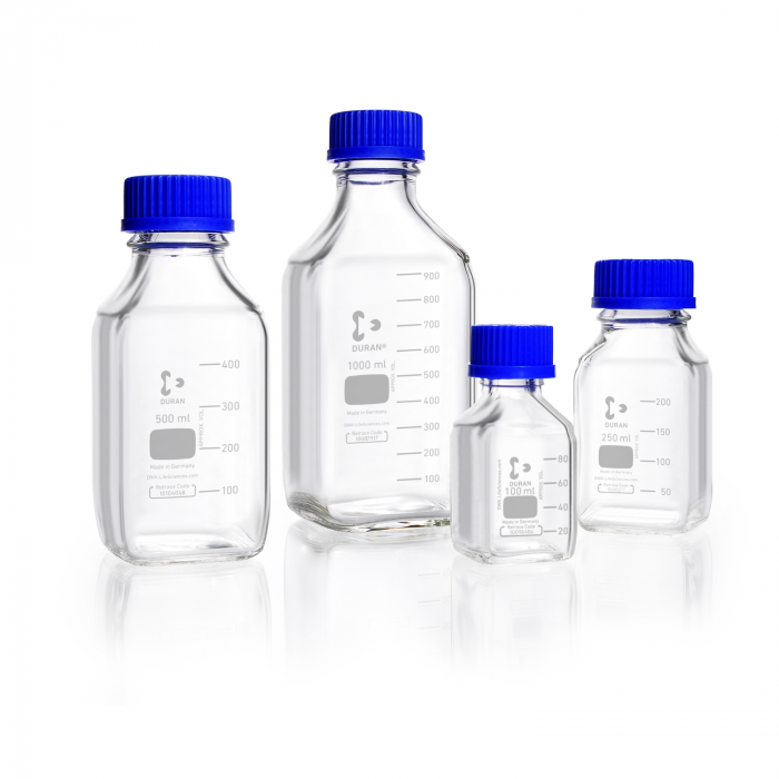 DURAN® GL 45 Laboratory glass bottle, square, clear, with screw cap and pouring