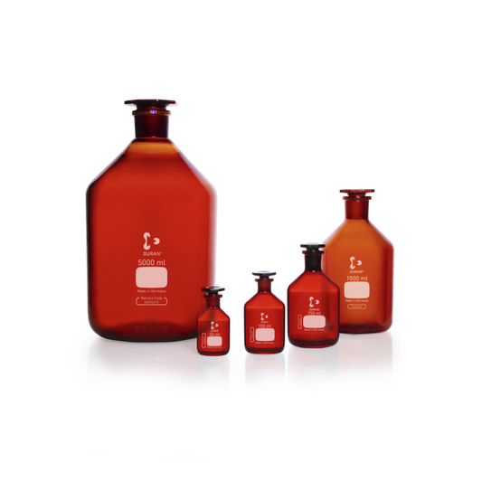 DURAN® Glass Bottles, reagent, narrow neck, NS 60/46, amber, with glass flat-he