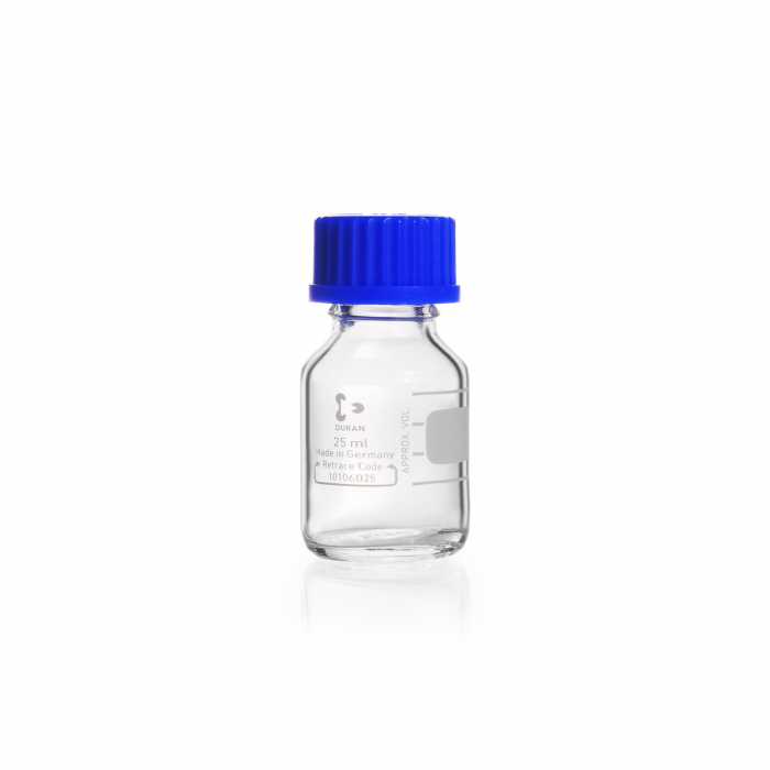 DURAN® Laboratory bottle, clear, graduated, GL 25, with screw-cap (PP), 25 ml