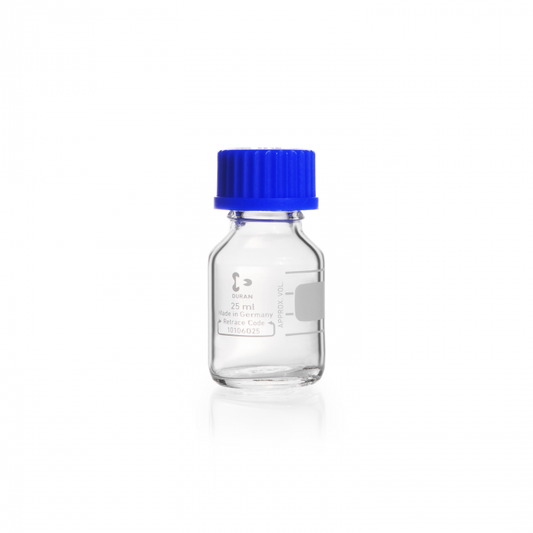 DURAN® Laboratory bottle, clear, graduated, GL 25, with screw-cap (PP), 25 ml