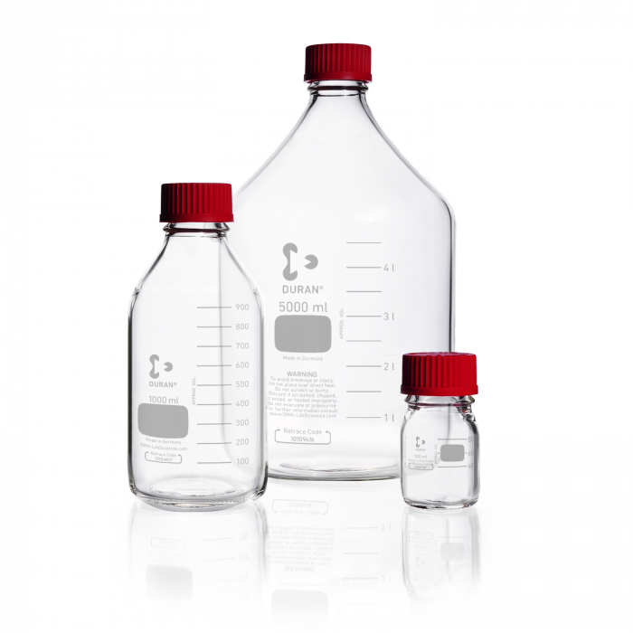 DURAN® Laboratory bottle, clear, graduated, GL 45, with high temperature red PB