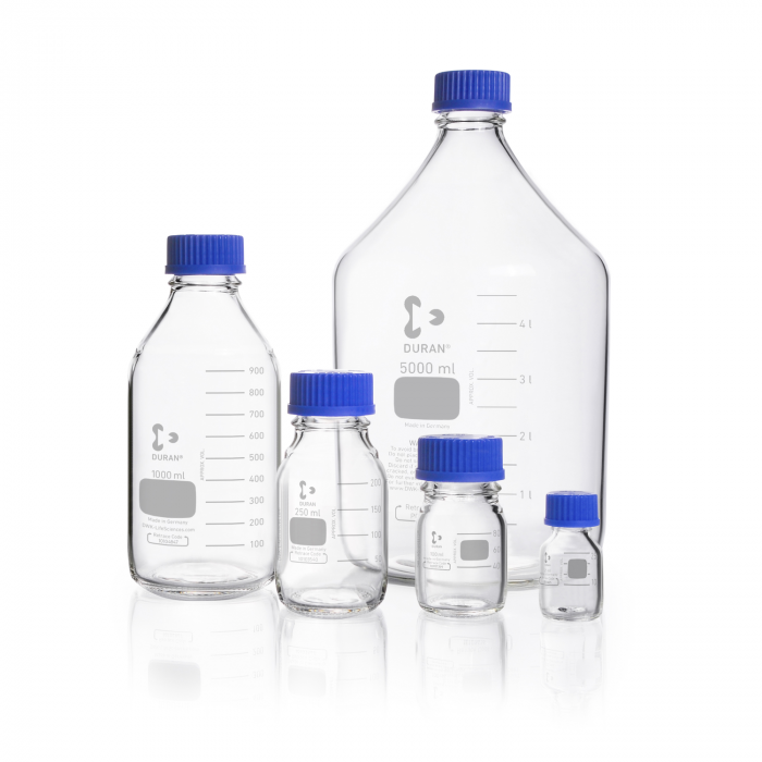 DURAN® Laboratory bottle, clear, graduated, GL 45, with screw-cap and pouring r