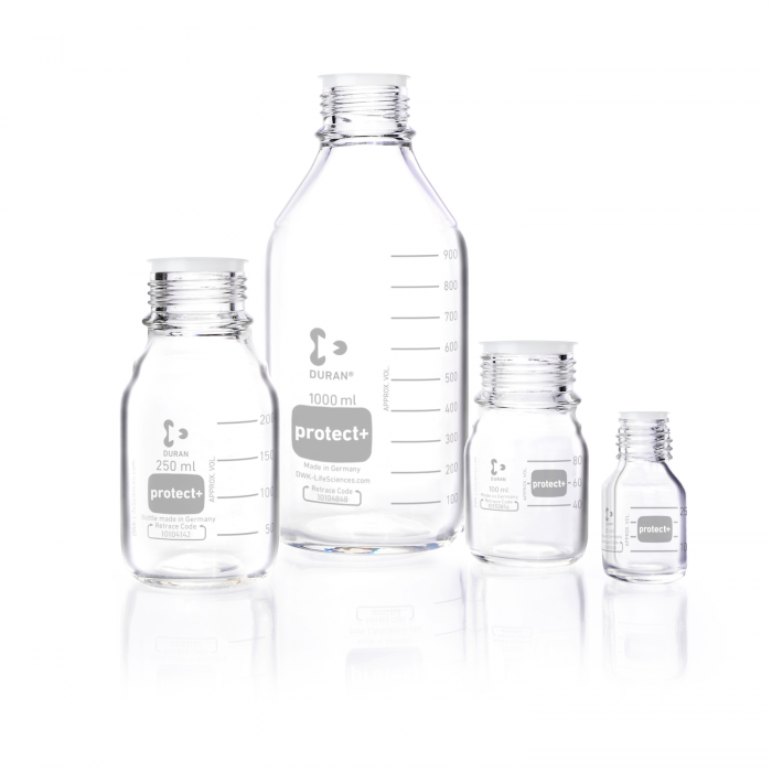 DURAN® Laboratory glass bottle GL 25, clear, protect+ plastic coated (PA12), wit