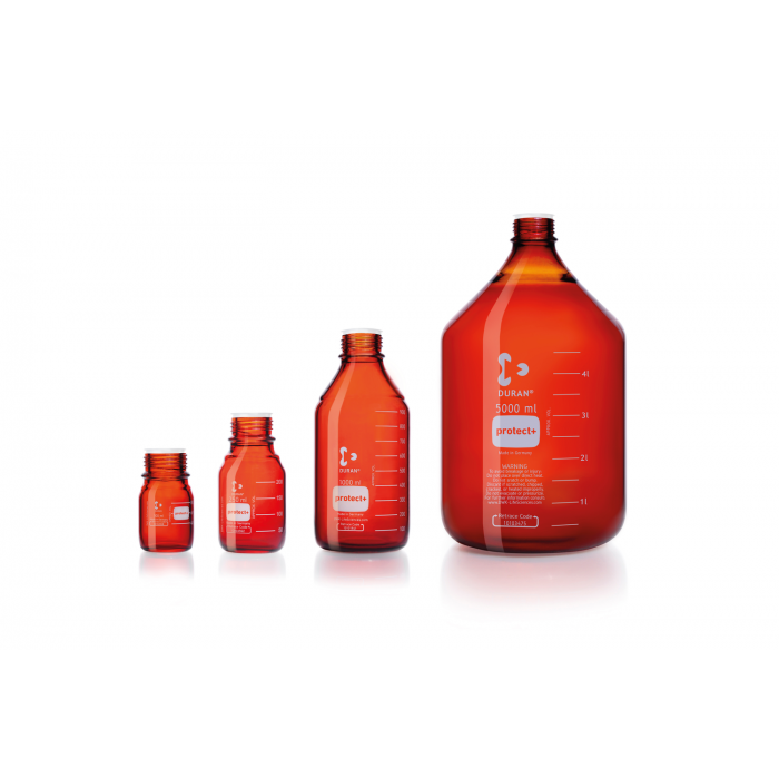 DURAN® Laboratory glass bottle GL 32, Amber, protect+ plastic coated (PA12), wit