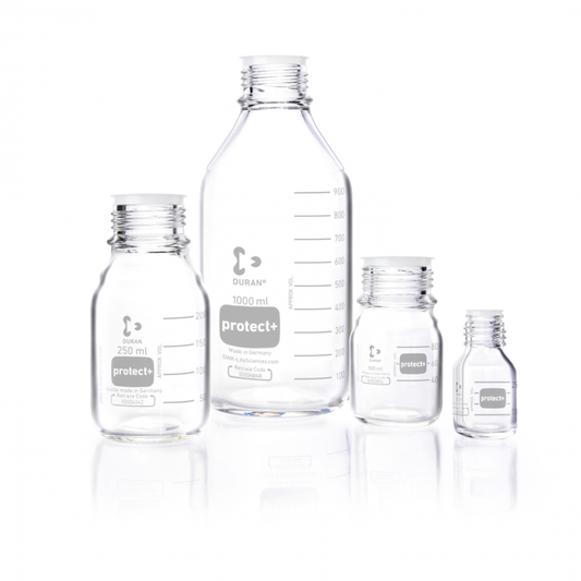 DURAN® Laboratory glass bottle GL 45, clear, protect+ plastic coated (PA12), wit