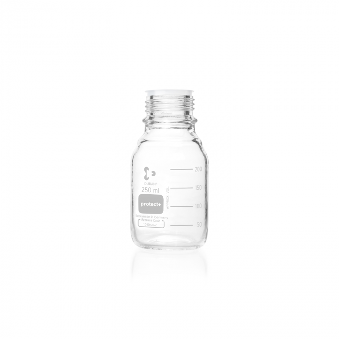 DURAN® Laboratory glass bottle GL 45, clear, protect+ plastic coated (PA12), wit