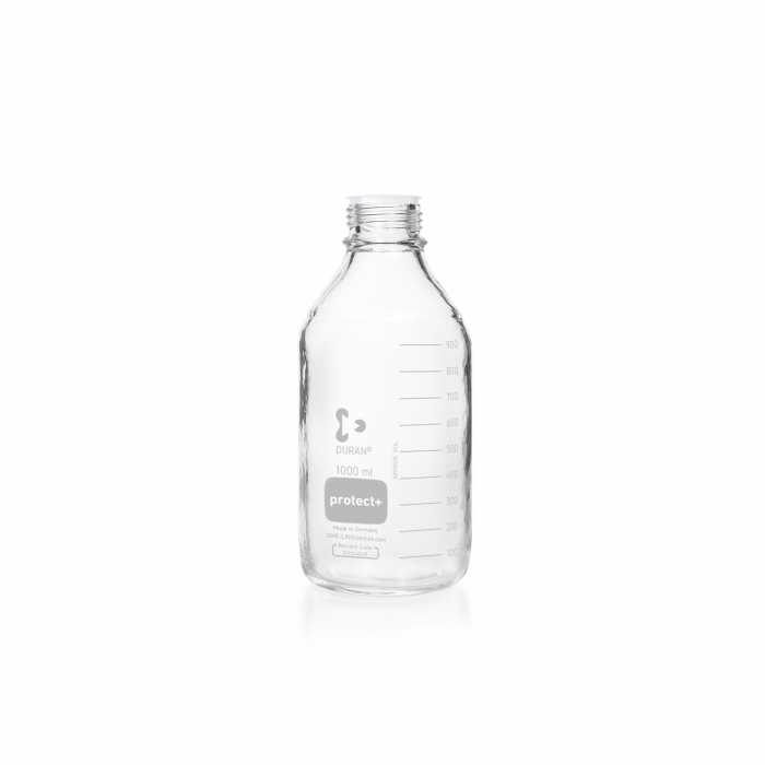 DURAN® Laboratory glass bottle GL 45, clear, protect+ plastic coated (PA12), wit