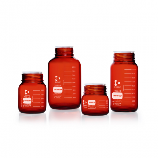 DURAN® Laboratory glass bottle GLS 80, Amber, protect+ plastic coated (PA12), wi